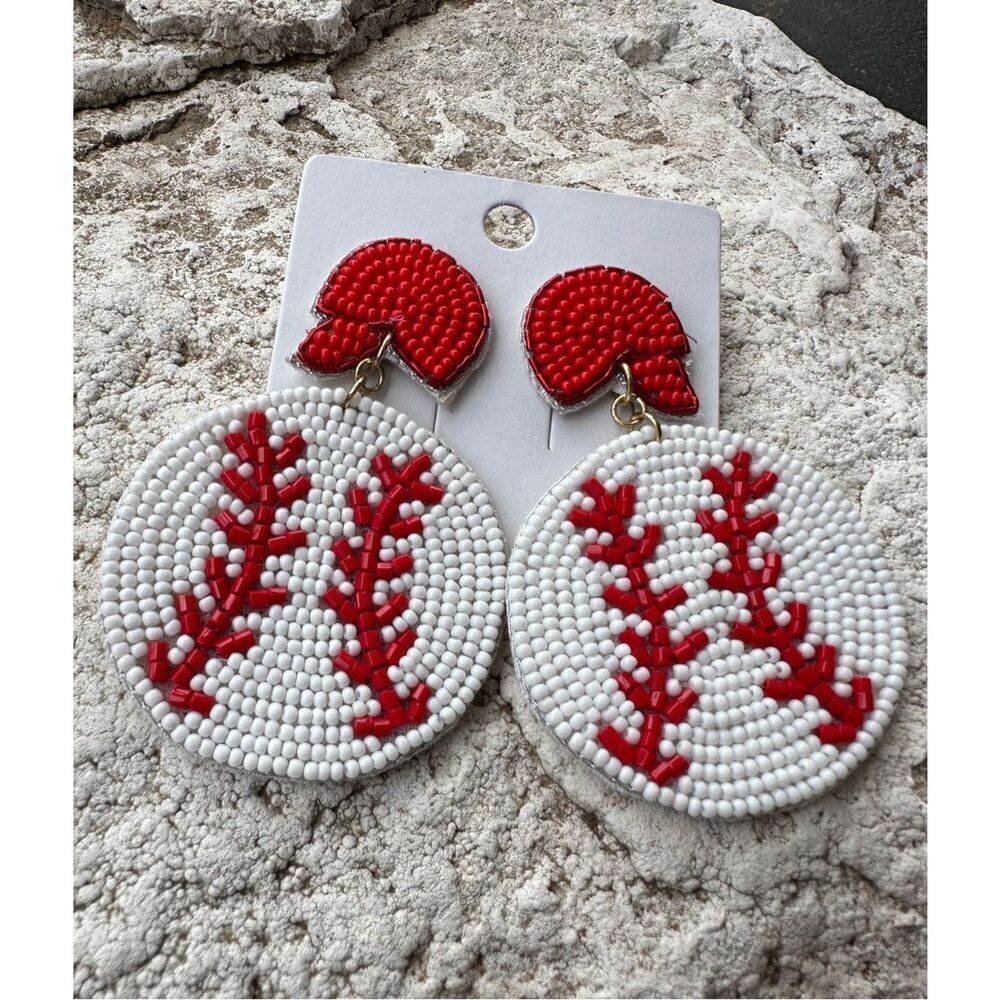 Baseball Earrings Sports Mom Seed Beads Red White